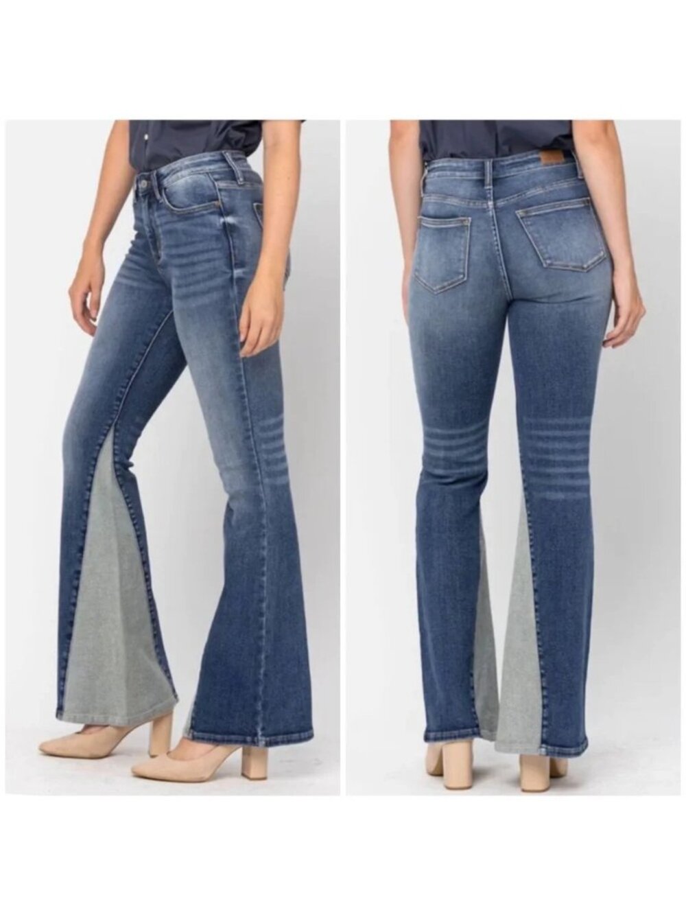 Judy Blue Frankie Two Tone High Rise Flare 11 30 Med Wash Stretch Jeans Boho Y2K